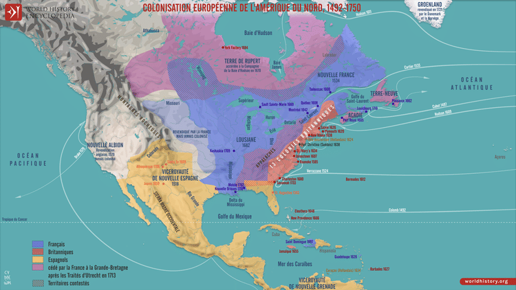 Carte de la colonisation européenne de l'Amérique du Nord, 1492-1750
