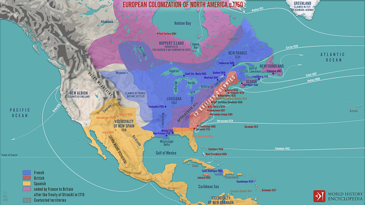 Europejska kolonizacja Ameryki Północnej ok. 1750 r