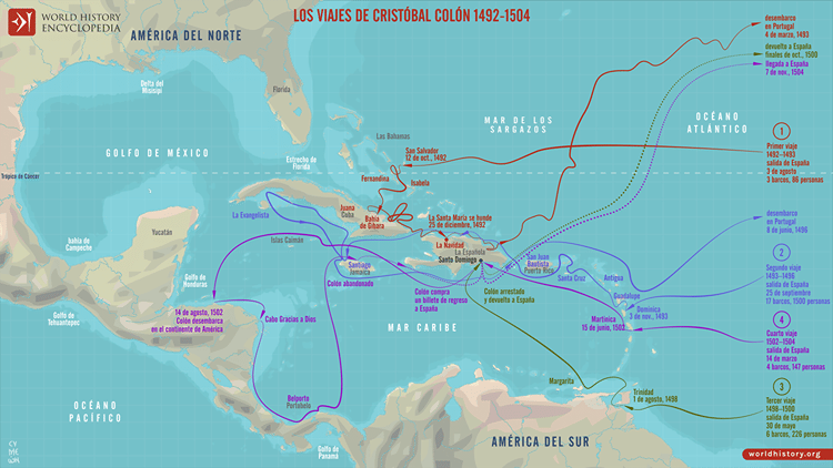 Mapa de los cuatro viajes de Cristóbal Colón, 1492-1504