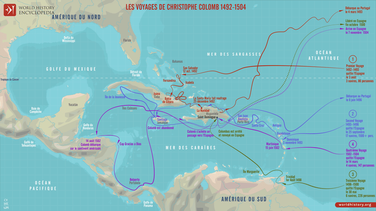 Carte des voyages de Christophe Colomb (1492-1504)