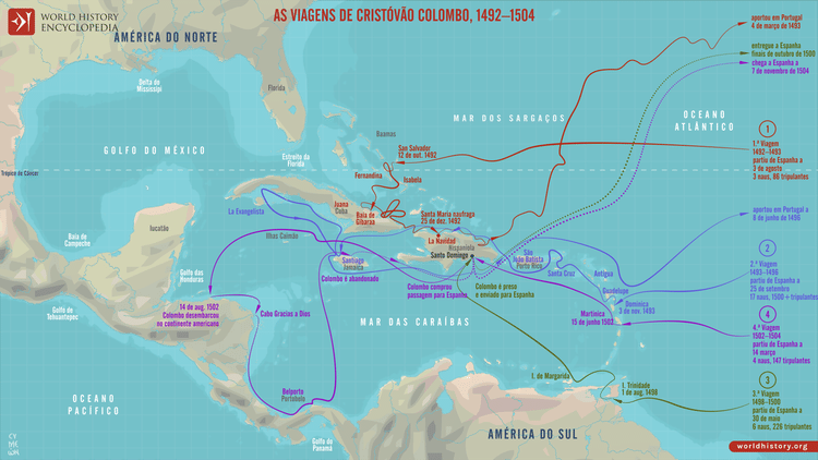 Mapa das Viagens de Cristóvão Colombo 1492-1504
