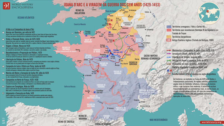 Mapa das Campanhas de Joana d'Arc e da Guerra dos Cem Anos