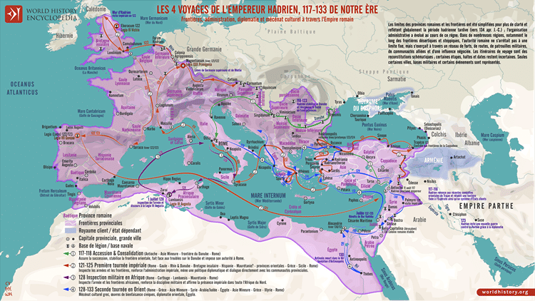 Carte des 4 voyages de l'empereur Hadrien à travers l'Empire romain