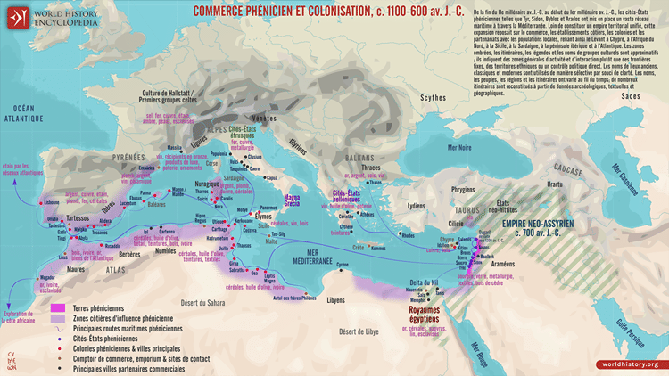 Carte du commerce et de la colonisation phéniciens, vers 1100-600 av. J.-C.