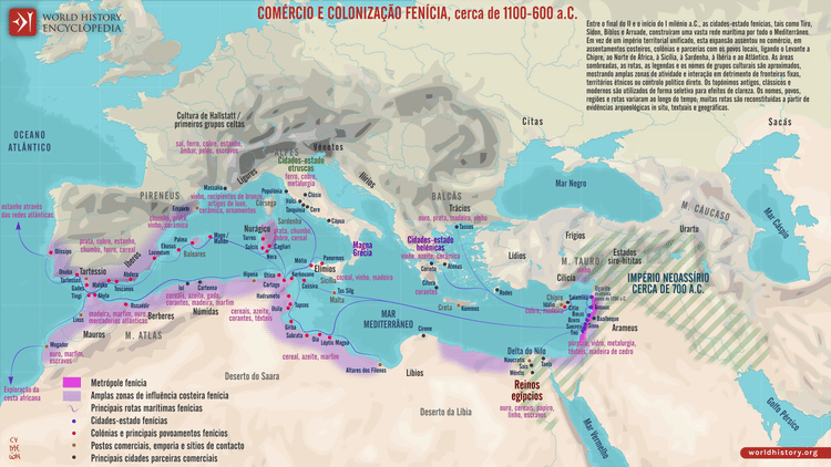 Mapa do Comércio e Colonização Fenícia, cerca de 1100–600 a.C.