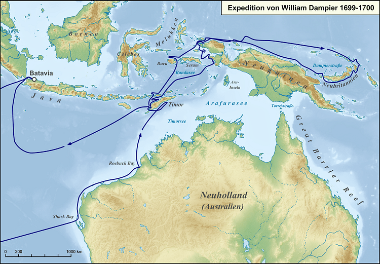 Map Showing William Dampier's 1699 Expedition Route