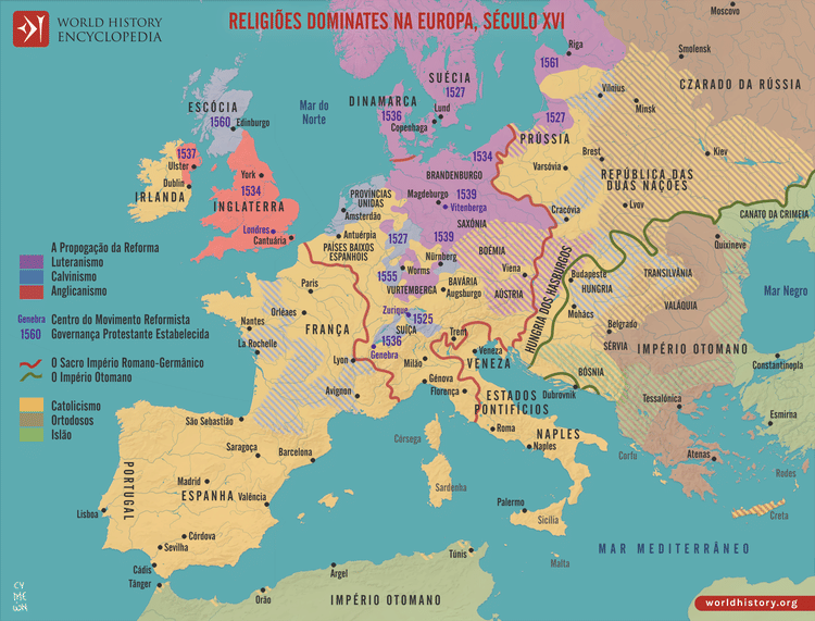 Mapa das Religiões Dominantes na Europa Século XVI
