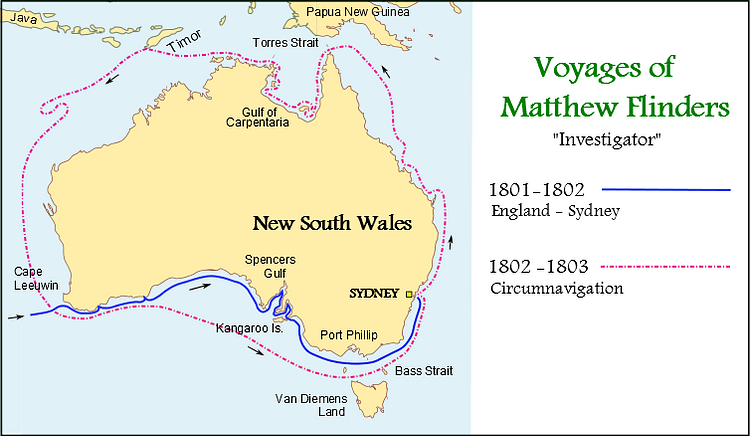 Map of the Voyages of Matthew Flinders in the Investigator