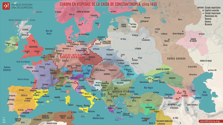 Map de Europa en vísperas de la caída de Constantinopla, c. 1450