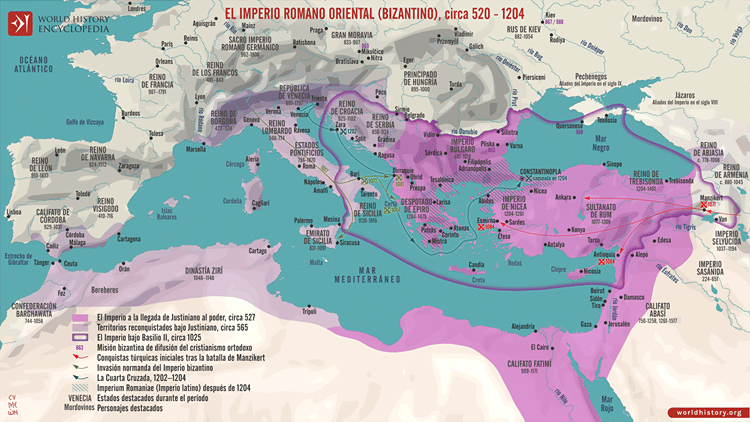 Mapa del Imperio romano oriental (bizantino), en torno a 520 - 1204