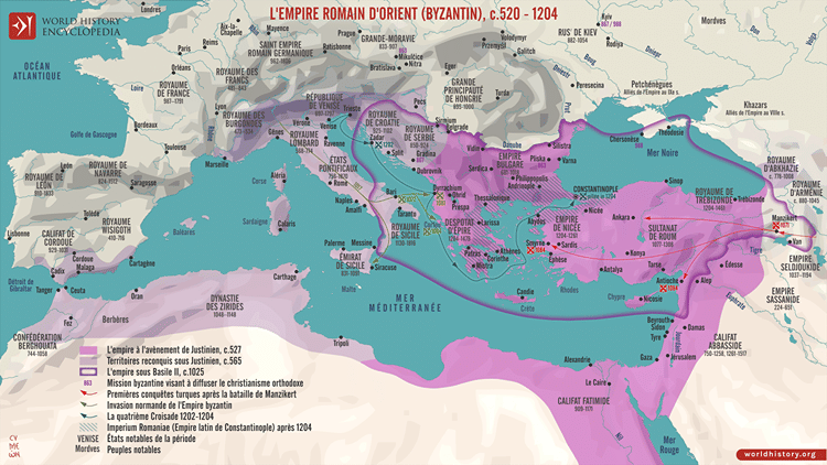 Carte de l'empire byzantin, vers 520-1204