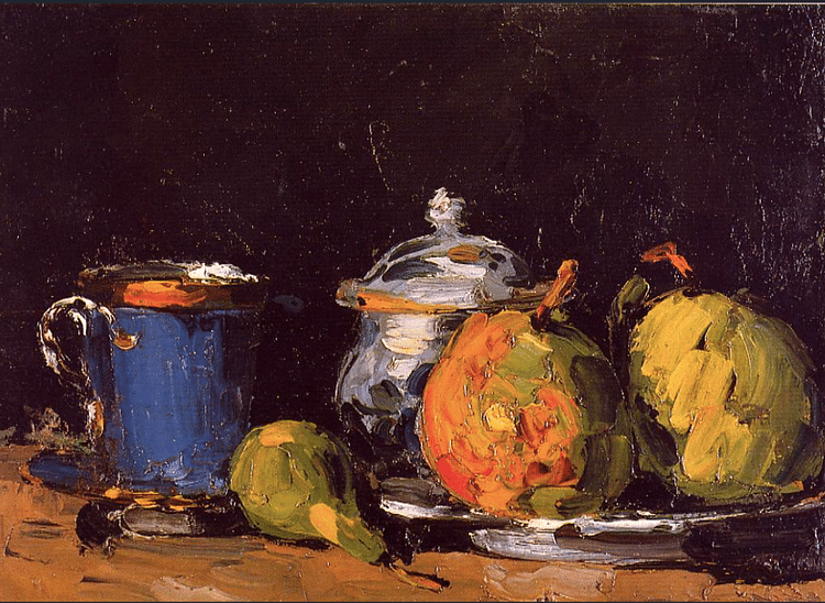 Sugar Bowl, Pears, and Blue Cup by Cézanne