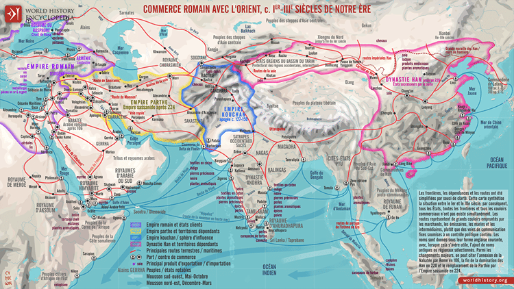 Carte du commerce romain avec l'Orient, vers les Ier-IIIe siècles