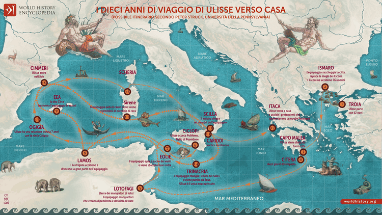 Mappa dei dieci anni di viaggio di Ulisse verso casa