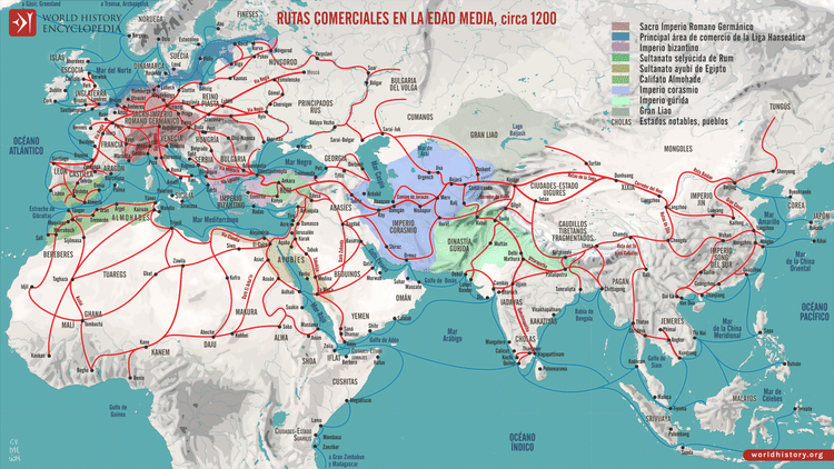 Mapa de las redes de comercio en la Edad Media, circa 1200
