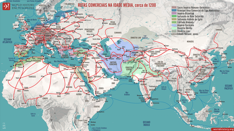 Mapa das Rotas Comerciais na Idade Média, cerca de 1200