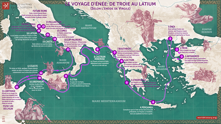 Carte du voyage d'Énée de Troie vers les origines de Rome
