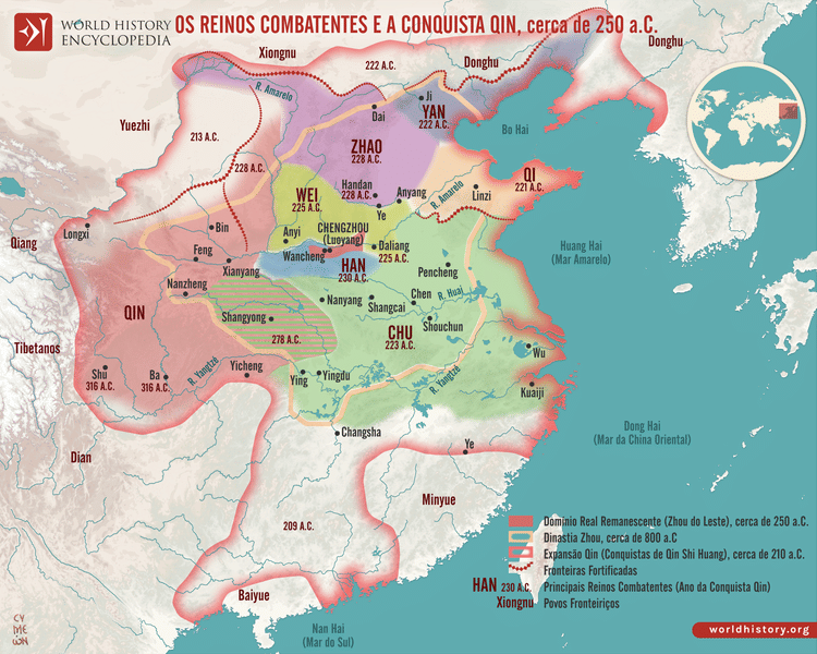 Mapa Reinos Combatentes da China e a Conquista de Qin, cerca de 250 a.C.