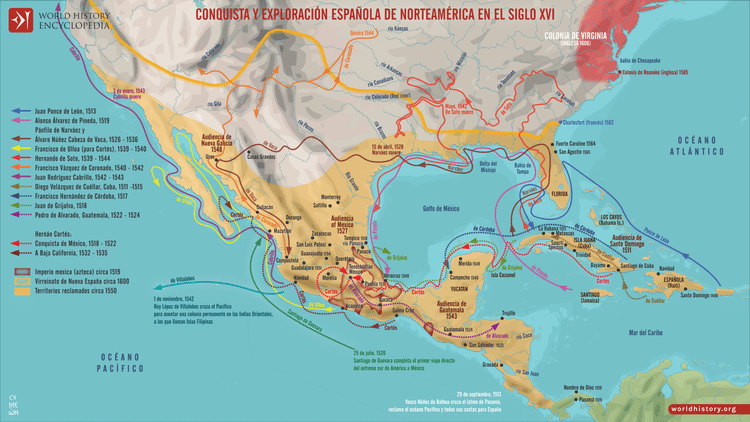 Mapa de la conquista y exploración española en Norteramérica