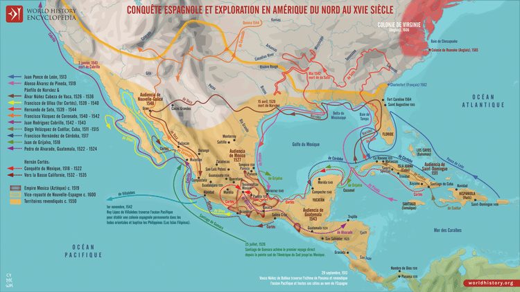 Carte de la conquête et des explorations espagnoles en Amérique du Nord