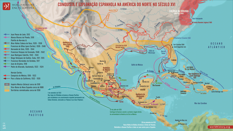 Mapa da Conquista e Exploração Espanhola na América do Norte