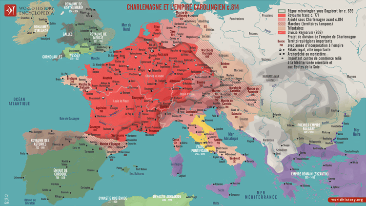 Carte de l'Empire carolingien sous Charlemagne, vers 814