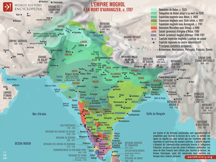 Carte de l'Empire moghol à son apogée, vers 1707