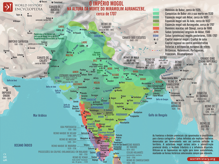 Mapa do Império Mogol na sua Maior Extensão, cerca de 1707