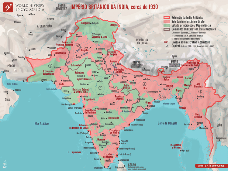 Mapa Império Britânico na Índia, cerca de 1930