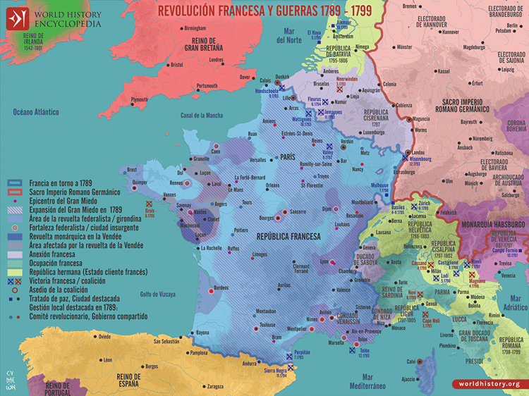 Mapa de la Revolución francesa y las guerras revolucionarias, 1789-1799
