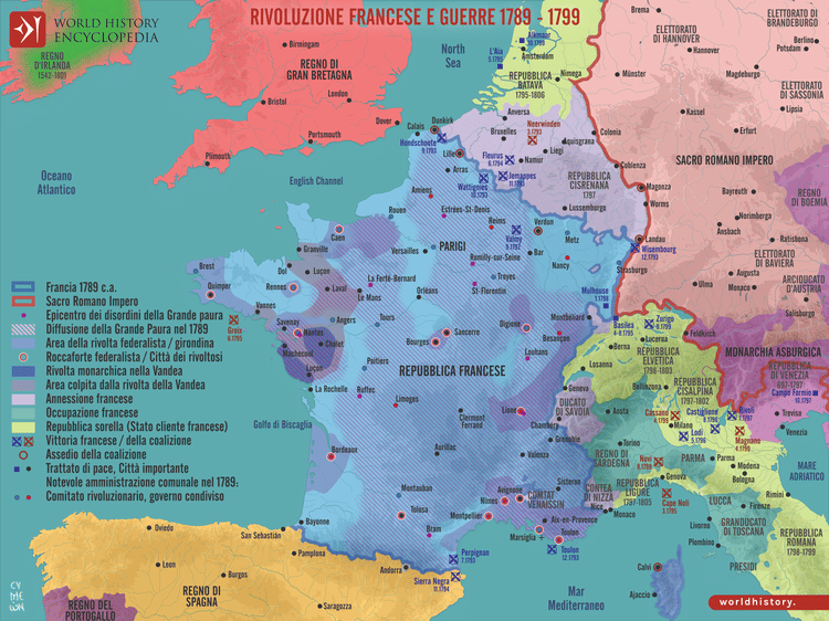 Mappa della rivoluzione francese e delle guerre 1789 - 1799