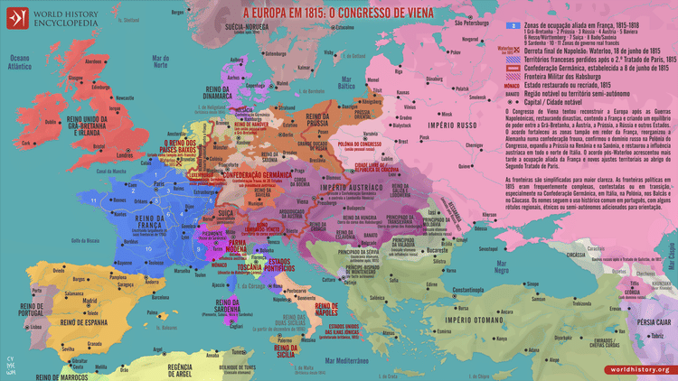 Mapa da Europa em 1815 e o Acordo de Viena