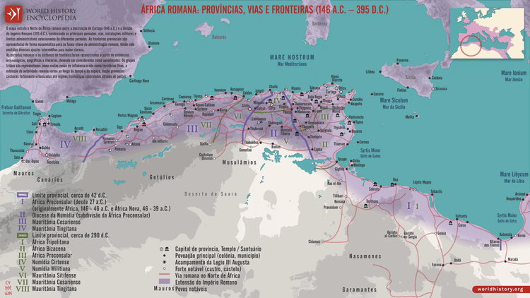 Mapa do Norte de África Romano - Províncias, Estradas e Fronteiras