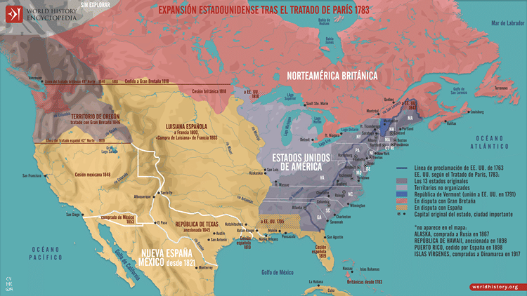 Mapa de la expansión estadounidense tras el Tratado de París de 1783