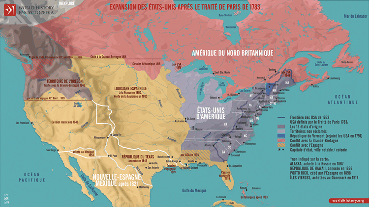 Carte de l'expansion des États-Unis après le traité de Paris de 1783