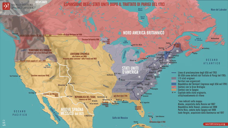 Mappa dell'espansione degli Stati Uniti dopo il Trattato di Parigi del 1783