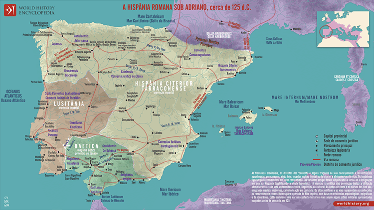 Mapa d'A Hispânia Romana sob Adriano, cerca de 125 d.C.