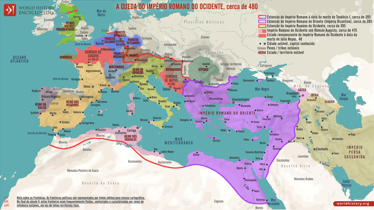 Mapa A Queda do Império Romano do Ocidente, cerca de 480