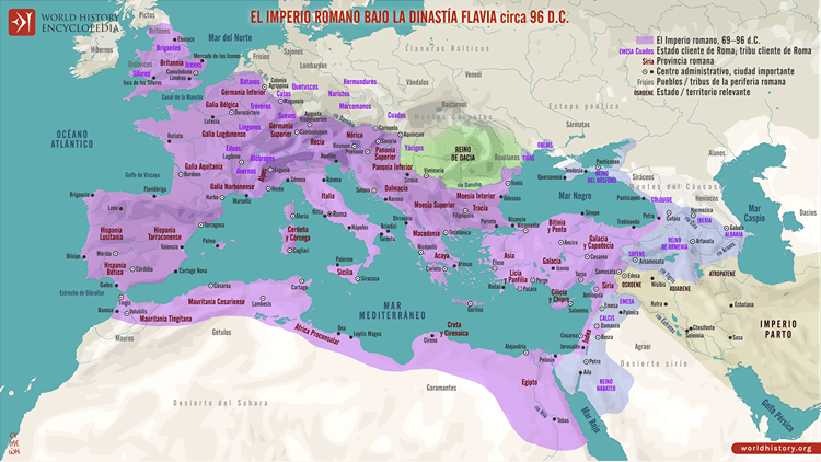 Mapa del Imperio romano bajo la dinastía Flavia, en torno a 96 d.C.