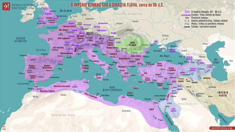 Mapa do Império Romano sob a Dinástia Flávia (69-96)