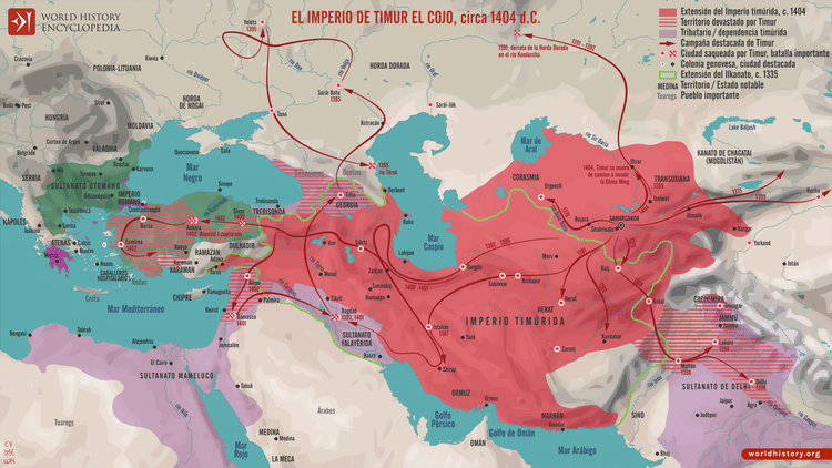 Mapa del imperio de Timur y sus campañas, 1370-1405