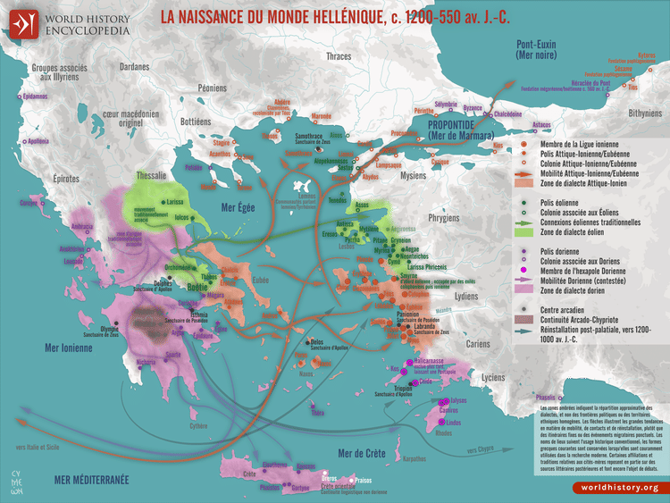 Carte du peuplement en mer Égée, vers 1100-550 av. J.-C.