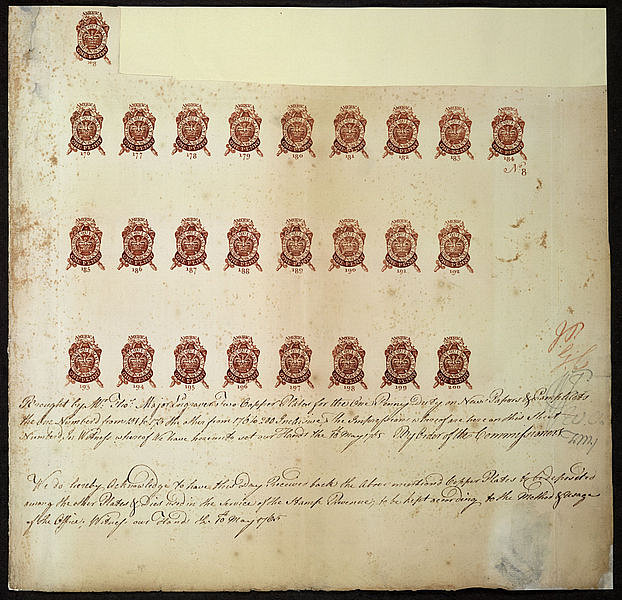 Proof Sheet of One Penny Stamps Issued During the Stamp Act