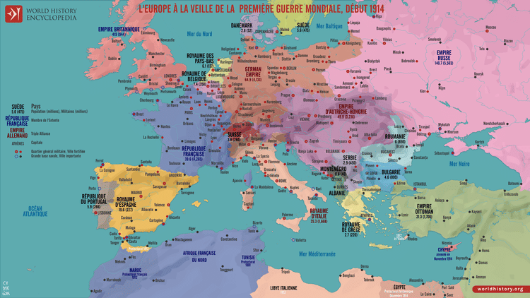Carte de l'Europe à la veille de la Première Guerre mondiale, début 1914