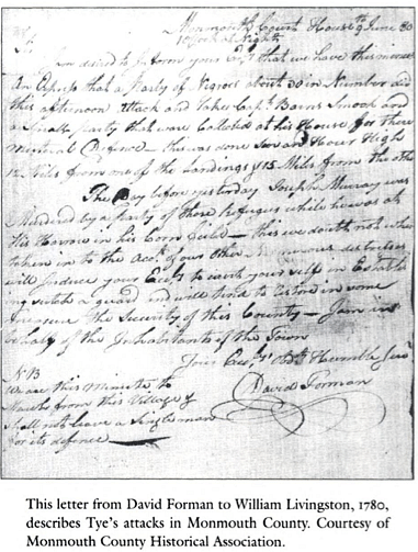 Letter Describing Colonel Tye's Attacks in Monmouth County