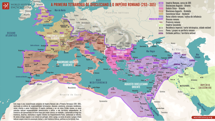 Mapa da Primeira Tetrarquia de Diocleciano e do Império Romano