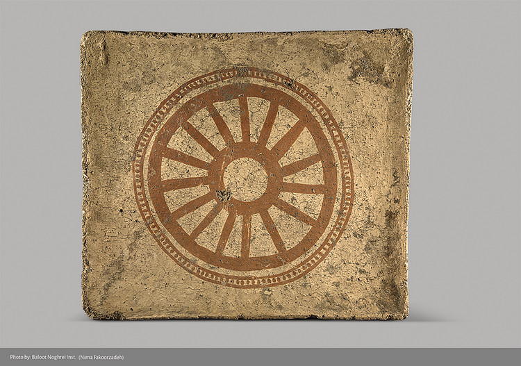 Painted Mural Tile with Wheel from Western Iran