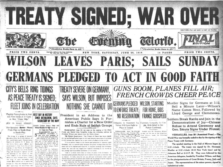 Newspaper Front Page Declaring the Signing of the Treaty of Versailles