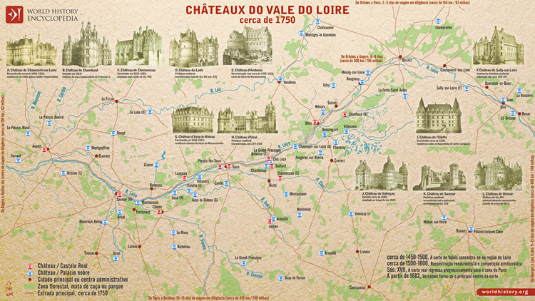Mapa dos Châteaux do Vale do Loire, cerca de 1750