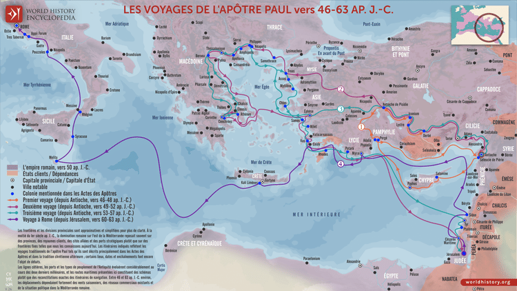 Carte des voyages de l’apôtre Paul, vers 46-63 ap. J.-C.